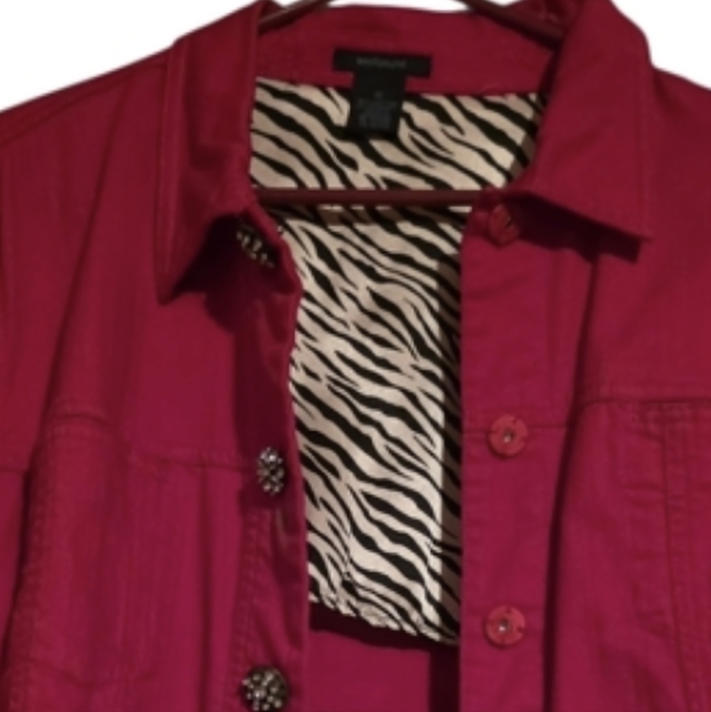 Zebra Lined Collar & Cuffs, Large Sparkle Jeweled Buttons, Red Denim Jacket - Picture 12 of 12
